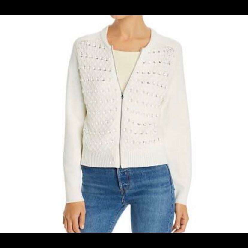 Kobi Halperin Ashley Ivory Wool Blend Clear Crystal Studded Sweater Jacket Xxl